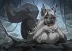  2019 anthro bent_over black_nipples black_nose breasts canid canine canis claws fangs female fur gloves_(marking) grey_fur hair kuroame leaf long_hair looking_at_viewer mammal markings nipples nude outside smile solo tongue tongue_out tree vines white_fur white_hair wolf 