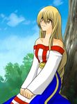  arc_the_lad arc_the_lad_ii bare_shoulders blonde_hair brown_eyes clo-via dress female lieza long_hair looking_up nature outdoors sitting sky solo tree 