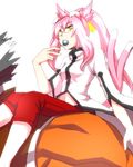  1girl animal_ears arc_system_works black_hair blazblue blazblue:_calamity_trigger candy cat_ears cat_tail female glasses iron_tager kokonoe labcoat lollipop long_hair lowres male multiple_tails ossantomato pants pink_hair ponytail red_skin ribbon riding short_hair tail white_hair yellow_eyes yellow_ribbon 