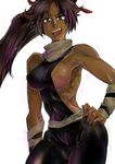  19831012_(pixiv1936865) absurdres big_boobs bleach breasts brown_hair dark_skin female gradient gradient_background hands_on_hips highres large_breasts long_hair ma_(pixiv1936865) open_mouth shihouin_yoruichi sideboob skin_tight solo white_background yellow_eyes 
