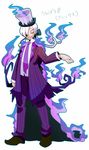  1boy bow cape fire flame formal hair_bow hat komusun long_hair male male_focus moemon personification pokemon pokemon_(game) pokemon_black_and_white pokemon_bw ponytail shanderaa smile solo suit top_hat torn_clothes white_hair yellow_eyes 