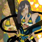  1girl bare_shoulders bikini bikini_top blush breast_rest breasts brown_hair cleavage cofagrigus dark_skin desukan earrings egypt frown hoop_earrings jewelry large_breasts long_hair necklace personification pokemon pokemon_(game) pokemon_black_and_white pokemon_bw red_eyes short_hair swimsuit white_hair yellow_eyes 