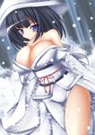  bad_id bad_pixiv_id bare_shoulders blue_eyes blue_hair blush breasts character_request hat huge_breasts japanese_clothes kimono legs long_hair mikan_(5555) no_bra no_panties original side_slit snow solo thighs undressing 