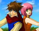  1boy 1girl blue_eyes brown_hair butz_klauser cape clo-via dress female final_fantasy final_fantasy_v grass green_eyes lenna_charlotte_tycoon male open_mouth pink_hair short_hair sitting sky 