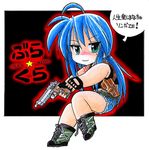  :3 ahoge black_lagoon blue_hair blush boots cosplay crossover english fingerless_gloves gloves green_eyes gun izumi_konata long_hair lucky_star mole norio_(459factory) pixiv_thumbnail ponytail resized revy_(black_lagoon)_(cosplay) revy_(cosplay) shorts smile standing_on_one_leg tattoo translation_request weapon 