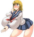  bent_over blonde_hair blush breasts candy gigantic_breasts hanging_breasts nira onani_master_kurosawa onanie_master_kurosawa school_uniform sharing short_hair sugawa_maiko 