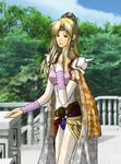  belt blonde_hair bridal_gauntlets cape clo-via earrings female final_fantasy final_fantasy_iv green_eyes hair_ornament jewelry leotard long_hair nature outdoors rosa_farrell shoulder_pads sky solo tiara 