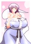  1girl blush breast_hold breasts cleavage curvy female gomesu gradient gradient_background hips huge_breasts japanese_clothes plump purple_hair red_eyes saigyouji_yuyuko shiny short_hair simple_background smile solo touhou wide_hips 