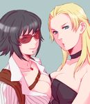  bangs black_hair blazer blonde_hair blue_eyes breast_press breasts choker cleavage devil_may_cry devil_may_cry_4 heterochromia jacket jewelry knhl lady_(devil_may_cry) large_breasts multiple_girls necklace pendant smile strapless sunglasses symmetrical_docking trish_(devil_may_cry) tubetop 