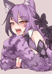  1girl animal_ear_fluff animal_ears animal_hands bare_shoulders black_bow black_hair blush body_fur bow breasts cat_ears cat_girl cheshire_cat_(monster_girl_encyclopedia) cleavage commission fangs hair_bow highres hourai_kochou looking_at_viewer monster_girl_encyclopedia multicolored_hair open_mouth purple_fur purple_hair skeb_commission solo tongue tongue_out two-tone_hair yellow_eyes 