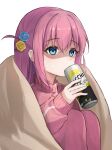  1girl atychi bangs blanket blue_eyes bocchi_the_rock! brand_name_imitation can cube_hair_ornament drinking gotou_hitori hair_between_eyes hair_cubes hair_ornament highres holding holding_can jacket long_hair long_sleeves one_side_up pants pink_hair pink_jacket pink_pants pink_track_suit sitting solo strong_zero track_jacket track_pants white_background 