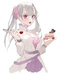  1girl absurdres black_clover cake dress food fork frit_2 fruit grey_hair hair_ribbon happy_birthday highres holding holding_cake holding_food holding_fork noelle_silva purple_dress purple_ribbon ribbon solo strawberry strawberry_shortcake twintails white_background 