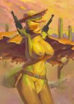  anthro big_breasts breasts cactus cape chaps clothed clothing cowboy cowboy_hat cowboy_outfit fangs featureless_crotch female forked_tongue green_body green_scales gun gun_holster handgun hat headgear headwear hi_res holding_gun holding_handgun holding_object holding_pistol holding_weapon neracoda nipple_piercing nipples non-mammal_breasts outside piercing pistol plant ranged_weapon reptile scales scalie snake solo sunset tongue tongue_out topless weapon wild_west 