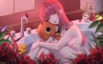  1girl absurdres animal_hug bangs bathtub breasts bug butterfly c.honey chainsaw_man closed_mouth coffee_mug cup fangs flower highres hugging_own_legs indoors knees_up large_breasts long_hair looking_at_viewer looking_to_the_side makima_(chainsaw_man) mug nude orange_eyes partially_submerged pochita_(chainsaw_man) red_butterfly red_flower red_hair ringed_eyes rubber_duck sitting tongue tongue_out 