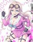  0aoiurn0 1girl :d ahoge antenna_hair bangs barbed_wire black_choker blonde_hair blue_eyes blush breasts choker cleavage danganronpa_(series) danganronpa_v3:_killing_harmony fingerless_gloves gloves goggles goggles_on_head hair_between_eyes highres index_finger_raised iruma_miu large_breasts long_hair long_sleeves looking_at_viewer miniskirt multicolored_background open_mouth school_uniform shirt skirt smile teeth tongue 