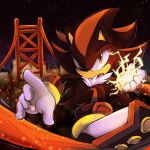  1boy city electricity furry furry_male gloves hera_souflee highres male_focus night night_sky open_mouth orange_eyes shadow_the_hedgehog shoes sky solo sonic_(series) sonic_adventure_2 white_gloves 