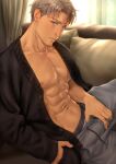  1boy abs bara bare_pectorals black_shirt blue_eyes brown_hair bulge crotch_grab erection erection_under_clothes grey_pants highres jim_(mondi_hl) large_pectorals male_focus mondi_hl muscular muscular_male navel nipples open_clothes open_shirt original pants pectorals shirt short_hair sitting solo twitter_username 