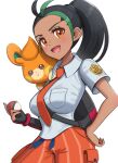  1girl freckles gloves gonzarez hair_pulled_back highres multicolored_hair necktie nemona_(pokemon) on_shoulder orange_necktie orange_shorts pokemon pokemon_(creature) pokemon_(game) pokemon_on_shoulder pokemon_sv red_gloves shorts single_glove streaked_hair two-tone_gloves 