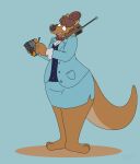  absurd_res big_tail bottomwear bow_tie brown_body brown_fur business_wear cellphone clothing fur hair hi_res kangaroo macropod mammal marsupial phone red_hair skirt slightly_chubby snout thick_thighs 