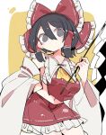  1girl ascot black_eyes black_hair bow detached_sleeves frills gohei hair_bow hair_tubes hakurei_reimu highres massakasama nontraditional_miko red_bow red_skirt ribbon-trimmed_sleeves ribbon_trim skirt solo touhou wide_sleeves 