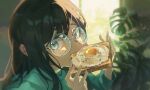  1girl absurdres bangs black_hair blue_eyes blurry blurry_background commentary eating food food_in_mouth fried_egg glasses green_shirt hayateluc highres holding holding_food indoors long_hair looking_at_viewer original plant round_eyewear shirt solo symbol-only_commentary toast upper_body window 