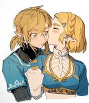  1boy 1girl bangs black_gloves blonde_hair blue_eyes blue_shirt blush closed_eyes commentary cropped_torso fingerless_gloves gloves hair_between_eyes hair_ornament hairclip hand_on_another&#039;s_cheek hand_on_another&#039;s_face hetero kiss kissing_cheek link long_sleeves pointy_ears princess_zelda shirt short_hair short_ponytail short_sleeves simple_background the_legend_of_zelda the_legend_of_zelda:_breath_of_the_wild the_legend_of_zelda:_tears_of_the_kingdom white_background white_sleeves wufaxianshi_cnd 
