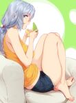  1girl bangs barefoot blue_eyes breasts couch eating english_commentary feet feguimel food from_side fruit full_body grey_hair hair_between_eyes hands_up highres holding knees_up large_breasts legs legs_together looking_at_viewer melon melon_slice open_mouth orange_tank_top original ponytail shadow short_shorts shorts signature sitting solo tank_top thighs toes torn_clothes torn_shorts 