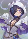  1girl bangs black_hair blush breasts cleavage dress ghost granblue_fantasy grin hair_between_eyes hair_ornament hair_over_one_eye halloween_costume highres hood hood_up lich_(granblue_fantasy) lips long_hair long_sleeves looking_at_viewer purple_eyes sharp_teeth sleeves_past_fingers sleeves_past_wrists small_breasts smile solo teeth uneg upper_body white_dress 