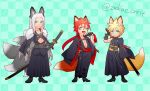  3boys alternate_costume animal_ears aqua_eyes arm_ribbon armor bangs belt black_footwear black_hakama black_kimono blonde_hair boots checkered_background chibi facial_mark fang final_fantasy final_fantasy_vii final_fantasy_vii_advent_children fox_boy fox_ears full_body fur_trim green_background green_eyes grey_hair hair_between_eyes hakama highres holding holding_sword holding_weapon japanese_clothes katana kemonomimi_mode kimono long_hair long_sleeves looking_at_viewer low_ponytail male_focus masamune_(ff7) multiple_boys multiple_tails open_clothes open_kimono open_mouth over_shoulder parted_bangs pink_ribbon red_hair ribbon rukashio short_hair short_hair_with_long_locks shoulder_armor single_sleeve smile spiked_hair standing sword tail toned toned_male tongue tongue_out twitter_username v-shaped_eyebrows weapon weapon_over_shoulder 