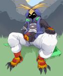 3_toes 5_fingers anthro aviert balls bandai_namco belly bird_costume black_body black_fur blush bodily_fluids clothed clothing clothing_lift cum cumshot digimon digimon_(species) digital_media_(artwork) ejaculation eyes_closed feet fingers fur genital_fluids genitals grass headphones headphones_around_neck hi_res hoodie humanoid male masturbation mountain narrowed_eyes open_toe_shoes orgasm penis plant pubes shirt shirt_lift solo tempomon toes topwear white_eyes 