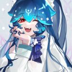  1girl :d bangs bao_(vtuber) blue_bow blue_choker blue_hair bow chinese_commentary choker fangs hair_between_eyes hair_ribbon hand_on_own_cheek hand_on_own_face highres hood hood_down hoodie indie_virtual_youtuber long_hair long_sleeves looking_at_viewer one_eye_closed open_mouth portrait red_eyes ribbon smile solo virtual_youtuber waxy white_hoodie white_ribbon 