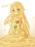  1girl blue_eyes breasts colored_skin commission core curss hair_between_eyes hair_flaps highres looking_at_viewer monster_girl navel no_nipples nude original pink_eyes second-party_source sitting skeb_commission slime_girl small_breasts solo yellow_skin 
