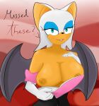  anstingdude anthro big_breasts big_ears big_eyes black_wings bodily_fluids breasts brown_body brown_fur brown_nipples chiropteran clothing costume female fur gloves green_eyes hair handwear hi_res mammal nipples rouge_the_bat sega solo sonic_the_hedgehog_(series) sweat teeth text white_clothing white_gloves white_hair white_handwear wings 