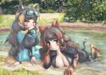  2girls animal_ears bangs black_hair blonde_hair blush breasts collarbone commentary_request day empty_eyes extra_ears eyelashes fake_tail goggles goggles_on_head grass hair_intakes hand_rest head_tilt highres hippopotamus_(kemono_friends) hippopotamus_ears hippopotamus_gorgops_(kemono_friends) impossible_clothes impossible_jacket jacket kemono_friends lake large_breasts long_hair long_sleeves looking_at_viewer lying multicolored_eyes multicolored_hair multiple_girls on_stomach outdoors pants parted_lips partially_submerged red_eyes red_hair sand shoes sitting smile tail teriiman twisted_torso very_long_hair water yellow_eyes zipper_pull_tab 