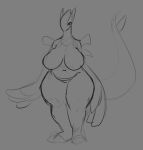  2022 anthro atherol big_breasts breasts curvy_figure featureless_breasts featureless_crotch female full-length_portrait generation_2_pokemon grey_background greyscale hi_res legendary_pokemon long_tail looking_at_viewer lugia monochrome navel nintendo pokemon pokemon_(species) pokemorph portrait simple_background sketch solo standing thick_thighs video_games voluptuous wide_hips winged_arms wings 