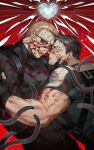  2boys albert_wesker black_gloves black_hair blonde_hair blood blood_on_clothes blood_on_face blue_eyes chris_redfield evil_smile facial_hair fingerless_gloves gloves green_shirt highres ice13lue looking_at_another male_focus multiple_boys muscular muscular_male red_eyes resident_evil resident_evil_5 shirt short_hair smile 