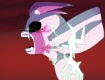  angry antennae_(anatomy) anthro bared_teeth beebreal black_sclera bust_portrait ear_tuft fur glowing glowing_eyes guardian_spirit lightning long_ears male open_mouth ori_(series) pink_body pink_fur portrait screaming simple_background solo tuft velvet(beebreal) 