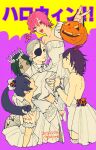  5girls black_hair black_sclera bone carrying carrying_person chainsaw_man closed_mouth colored_sclera crown cuffs dress exposed_brain eyepatch green_hair hair_ornament handcuffs heart heart-shaped_pupils horns jack-o&#039;-lantern jack-o&#039;-lantern_hair_ornament long_(chainsaw_man) multiple_girls open_mouth pingtsi_(chainsaw_man) pink_hair purple_hair quanxi&#039;s_group_(chainsaw_man) quanxi_(chainsaw_man) red_horns simple_background smile star_(symbol) star_hair_ornament stitched_face stitches symbol-shaped_pupils tsugihagi_(chainsaw_man) tuxedo uoyaao v wedding_dress white_footwear white_hair wife_and_wife wife_and_wife_and_wife yellow_eyes 
