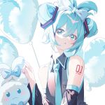  1girl absurdres aqua_eyes aqua_nails aqua_theme balloon bangs bare_shoulders blue_hair blue_necktie chinese_commentary cinnamiku cinnamoroll collared_shirt commentary detached_sleeves double_bun fingernails grey_shirt hair_bun hair_ornament hair_ribbon hatsune_miku highres light_blue_hair long_sleeves looking_down nail_polish necktie parted_lips qtian ribbon sanrio shirt sleeveless sleeveless_shirt stuffed_toy vocaloid 