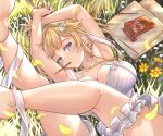  1girl absurdres armpits arms_up bangs bare_arms bare_shoulders blonde_hair breasts bridal_garter cleavage crossed_wrists dress food food_in_mouth frilled_garter from_above grass hair_ornament halter_dress halterneck highres hololive hololive_english honkivampy jewelry key_necklace large_breasts legs_up looking_at_viewer lying mole mole_on_breast monocle_hair_ornament mouth_hold necklace on_back pocky pocky_in_mouth short_hair sidelocks solo sundress thighs virtual_youtuber watson_amelia white_dress white_garter 