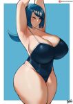  1girl armpits arms_up batako_(pixiv54063972) blue_eyes blue_hair blush breasts cleavage covered_nipples curvy eyelashes freckles grin hair_ornament highres huge_breasts lana&#039;s_mother_(pokemon) mature_female one-piece_swimsuit one_eye_closed pokemon pokemon_(anime) pokemon_sm_(anime) smile swimsuit thick_thighs thighs wide_hips 