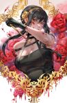  1girl bare_shoulders black_dress black_gloves black_hair blood blood_on_face blood_on_weapon breasts celtisart cleavage dagger dress earrings flower gloves gold gold_earrings gold_hairband great_pyrenees highres holding holding_dagger holding_weapon jewelry knife large_breasts orange_eyes rose short_hair_with_long_locks sidelocks solo spy_x_family weapon white_background yor_briar 