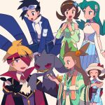  2boys 3girls :d ascot bangs bare_shoulders black_hair blonde_hair blue_jacket blue_kimono brown_eyes brown_hair commentary_request dress ethan_(pokemon) ethan_(sygna_suit)_(pokemon) gloves goggles green_hair green_kimono hands_up hat headband highres jacket japanese_clothes jasmine_(pokemon) jasmine_(special_costume)_(pokemon) kimono kris_(pokemon) kris_(sygna_suit)_(pokemon) long_hair long_sleeves lyra_(pokemon) lyra_(summer_2020)_(pokemon) lyra_(sygna_suit)_(pokemon) morty_(fall_2021)_(pokemon) morty_(pokemon) multiple_boys multiple_girls official_alternate_costume open_clothes open_jacket open_mouth own_hands_together pants pokemon pokemon_(game) pokemon_masters_ex purple_eyes scarf shirt short_hair smile teeth tongue twintails two_side_up tyako_089 upper_teeth white_ascot white_scarf yukata 