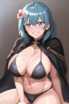  1girl bikini black_bikini black_cape blue_hair blush breasts byleth_(fire_emblem) byleth_(fire_emblem)_(female) cape cleavage commentary cowboy_shot curvy fire_emblem fire_emblem:_three_houses fire_emblem_heroes flower gradient gradient_background grey_background hair_between_eyes hair_flower hair_ornament hibiscus highres hitta_99 large_breasts looking_at_viewer medium_hair navel official_alternate_costume paid_reward_available plump purple_eyes signature simple_background sitting smile solo stomach string_bikini swimsuit 