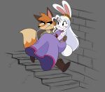  absurd_res ahoge annoyed anthro black_eyes blush boots bridal_carry canid canine carrying clothed clothing dress duo female footwear fox frown fur glistening glistening_eyes grumpy hair hair_heart hi_res kabula_(artist) lagomorph leporid male male/female mammal orange_body orange_fur princess purple_clothing purple_dress rabbit royalty sketch sketch_background smile stairs walking white_body white_fur white_hair 