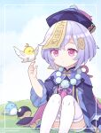  1girl ass bangs bead_necklace beads bird blue_sky cape chinese_clothes cloud cloudy_sky coin_hair_ornament commentary_request genshin_impact grass hair_between_eyes hair_ornament hat horizon jewelry jiangshi kagamine_ran knees_to_chest long_hair long_sleeves low_ponytail necklace ofuda orb purple_eyes purple_hair qing_guanmao qiqi_(genshin_impact) short_shorts shorts sidelocks sitting sky thighhighs vision_(genshin_impact) white_thighhighs yin_yang yin_yang_orb zettai_ryouiki 