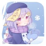  1girl alternate_costume bangs blurry coat coin_hair_ornament commentary_request depth_of_field genshin_impact hair_between_eyes hair_ornament hat ice_crystal jiangshi kagamine_ran long_hair long_sleeves looking_at_viewer low_ponytail mittens ofuda plaid plaid_scarf purple_eyes purple_hair purple_scarf qiqi_(genshin_impact) scarf sidelocks simple_background snowing snowman solo visible_air winter_clothes winter_coat 