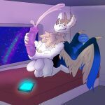  1:1 anthro ausjamcian bedroom chest_tuft dragon ejaculation hi_res male masturbation phone solo solo_focus tuft wings 