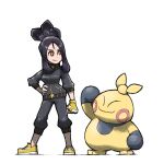  1girl black_hair black_pants blacknirrow breasts clenched_hand closed_mouth dendra_(pokemon) eyelashes fingerless_gloves full_body gloves hand_on_hip jacket legs_apart long_hair makuhita medium_breasts pants pokemon pokemon_(creature) pokemon_(game) pokemon_sv red_eyes shoelaces shoes simple_background sleeves_past_elbows smile sneakers standing track_jacket track_pants white_background yellow_footwear yellow_gloves 