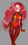  1girl alternate_hairstyle artist_request blush bodysuit cosplay crossover embarrassed eyelashes grey_background headgear highres long_hair looking_to_the_side neon_genesis_evangelion pilot_suit plugsuit precure purple_eyes red_bodysuit red_hair simple_background solo source_request souryuu_asuka_langley souryuu_asuka_langley_(cosplay) standing takizawa_asuka tropical-rouge!_precure 